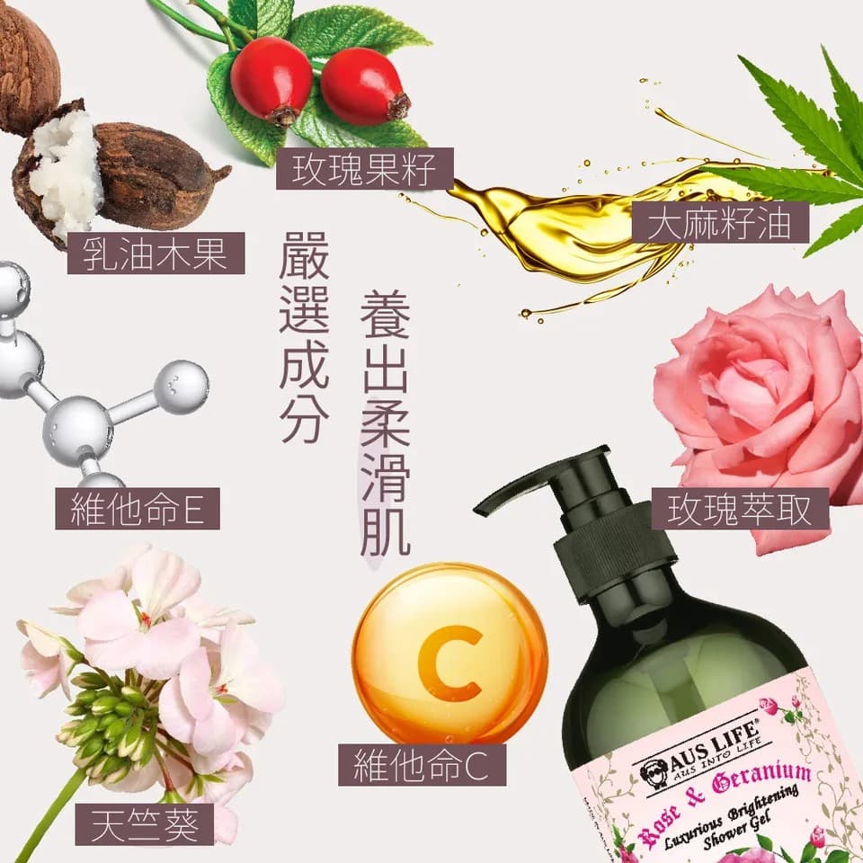 【澳思萊AUS LIFE】玫瑰天竺葵淨白沐浴露 500ml 縮圖 7