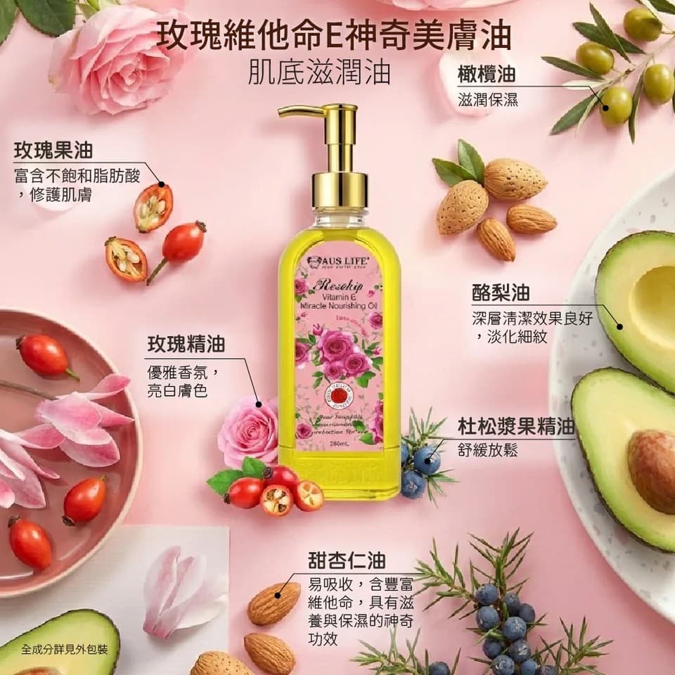 【澳思萊AUS LIFE】玫瑰維他命E神奇美膚油 260ml 縮圖 7