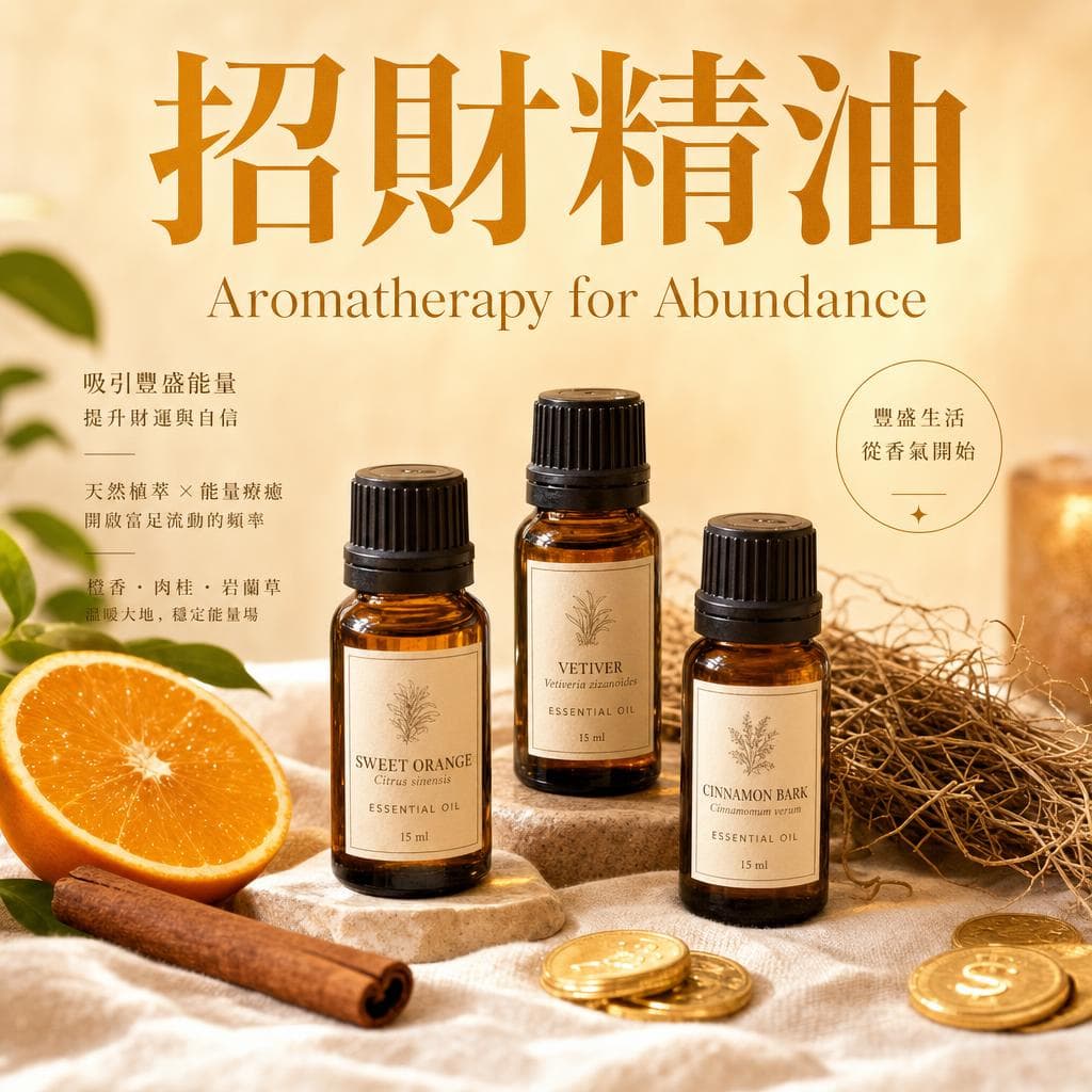 招財精油有哪些？甜橙、廣藿香、岩蘭草 6 支招財精油＋豐盛複方比例【2026】｜心理療癒 × 香氛｜澳思萊芳療筆記封面