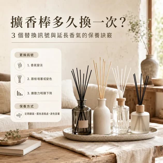 擴香棒多久換一次？3 個更換判斷指標與延長香氣的保養訣竅｜芳療生活儀式｜澳思萊芳療筆記封面